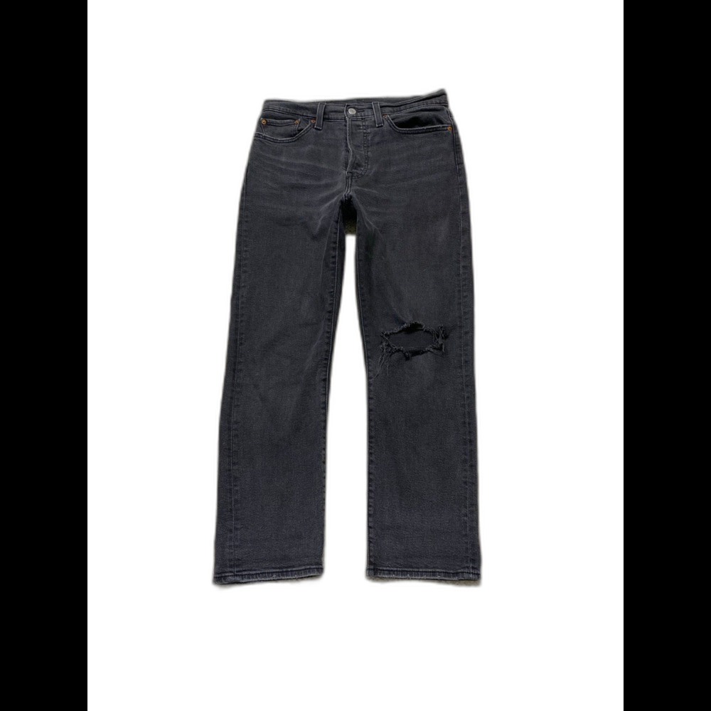 Levi's Wedgie Straight Button Fly Crop Ripped Knee Size 30 Jeans In Washed Black